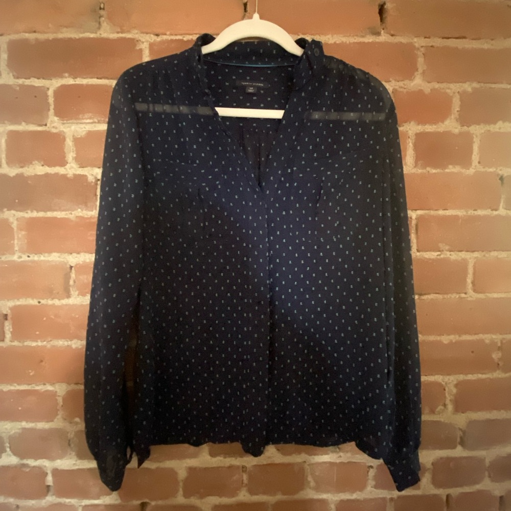 Tommy Hilfiger Sheer Navy Print Collared Popover Blouse